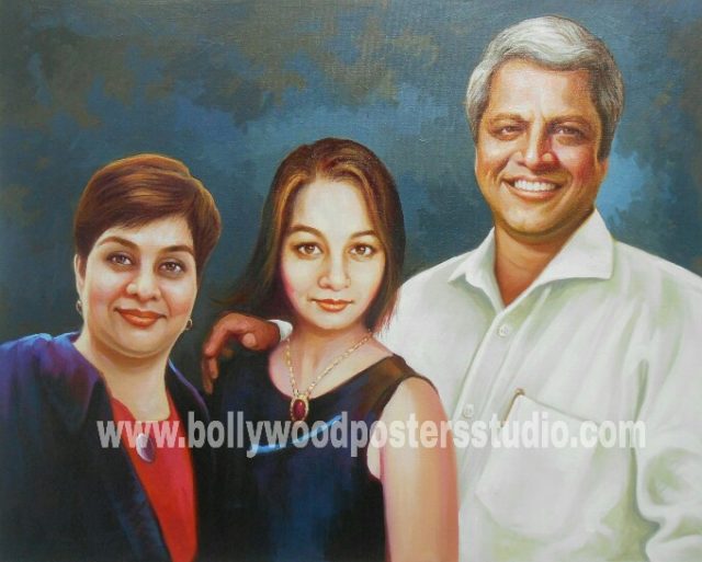 Realistic hand painted family portrait on oil canvas online india