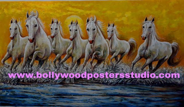 Seven white horse with rising sun original painting on canvas